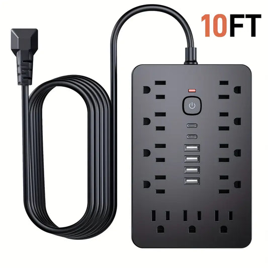 1pc Surge Protector Power Strip With 11 AC Outlets, 4 USB-A And 2 USB-C Ports And Switch, 5FT/10FT Extension Cord, Desktop Charging Station With Overload Protection, For Home, Office, Travel, Computer, Black
