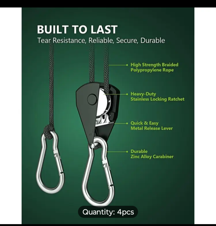 4-Pack 1/8" Adjustable Rope Hanger with Heavy Duty Ratchet Tie Down System, Reinforced Metal Gear & Rustproof Hooks, for Hanging Grow Lights, Kayak Straps, Plants, Camping tent,Home Storage & Various Tie-Down Uses – Secure, Easy to Adjust, 75 lbs Capacity