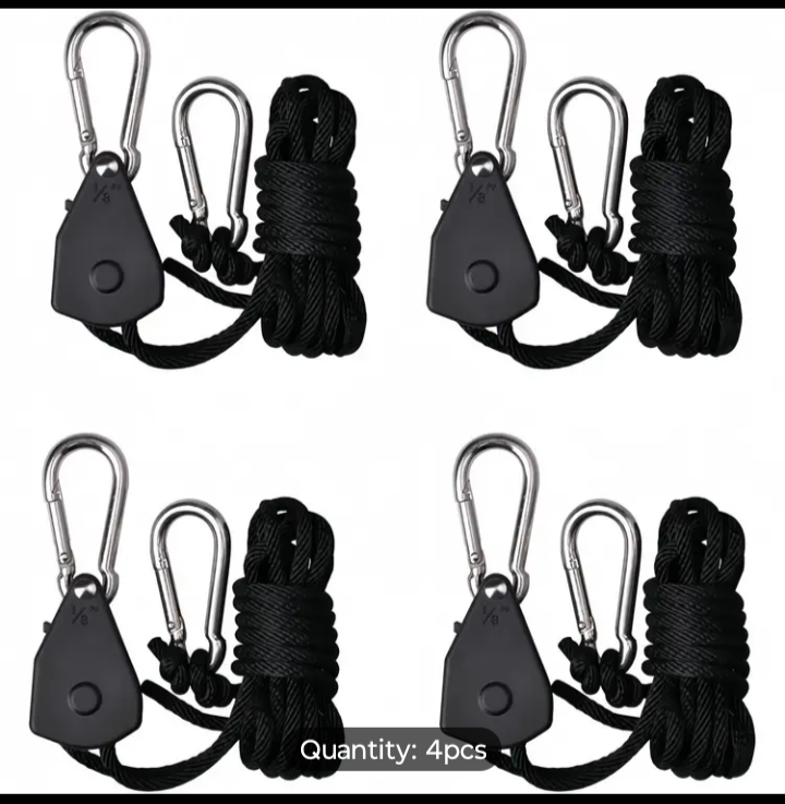 4-Pack 1/8" Adjustable Rope Hanger with Heavy Duty Ratchet Tie Down System, Reinforced Metal Gear & Rustproof Hooks, for Hanging Grow Lights, Kayak Straps, Plants, Camping tent,Home Storage & Various Tie-Down Uses – Secure, Easy to Adjust, 75 lbs Capacity