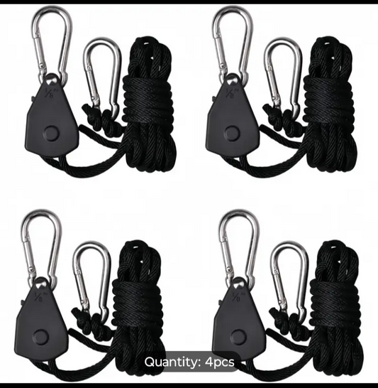 4-Pack 1/8" Adjustable Rope Hanger with Heavy Duty Ratchet Tie Down System, Reinforced Metal Gear & Rustproof Hooks, for Hanging Grow Lights, Kayak Straps, Plants, Camping tent,Home Storage & Various Tie-Down Uses – Secure, Easy to Adjust, 75 lbs Capacity